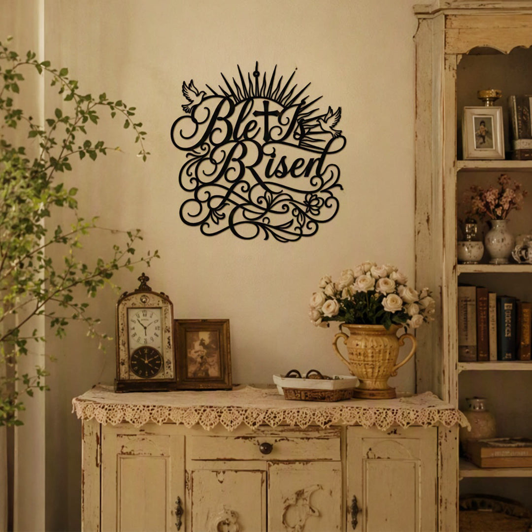 Christianartworkshop He Is Risen Script Metal Wall Sign: Emblem of Timeless Resurrection Hope - image 0