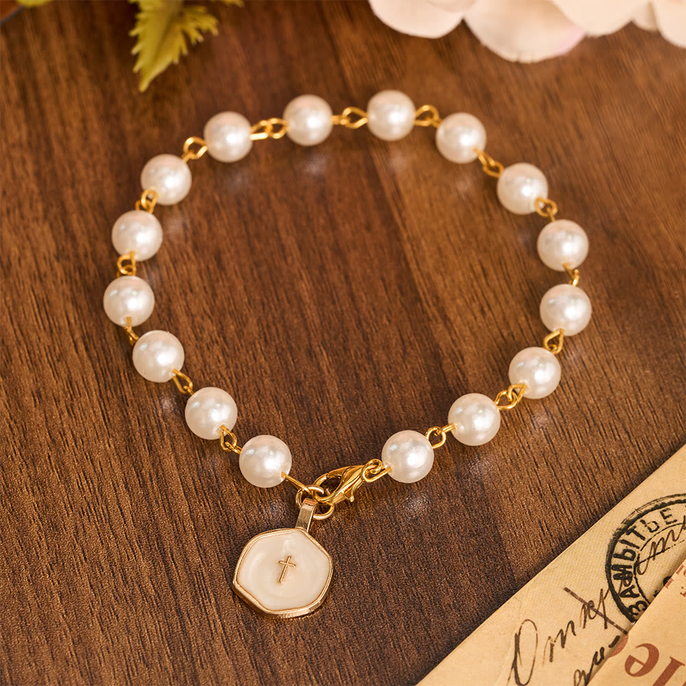 Christianartworkshop Pearl Strand Rearview Mirror Cross Car Pendant: Emblem of Heavenly Travel Protection - image 1