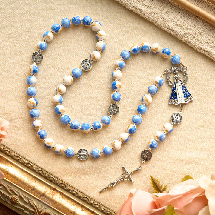 Christianartworkshop Blue & White Floral Ceramic Rosary with St. Benedict Medals & Our Lady - image 18