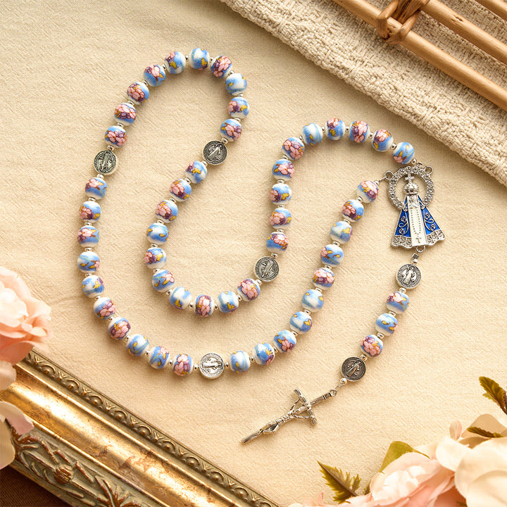 Christianartworkshop Blue & White Floral Ceramic Rosary with St. Benedict Medals & Our Lady - image 24