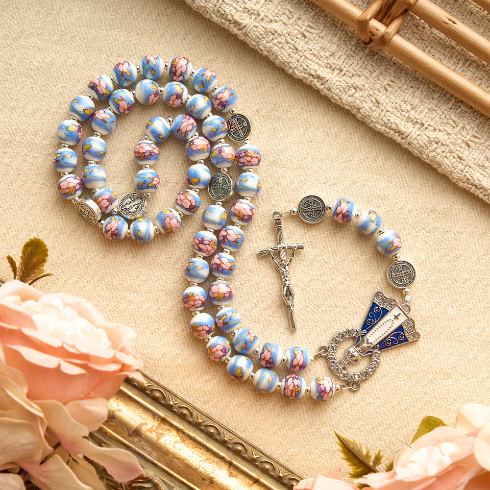 Christianartworkshop Blue & White Floral Ceramic Rosary with St. Benedict Medals & Our Lady - image 23