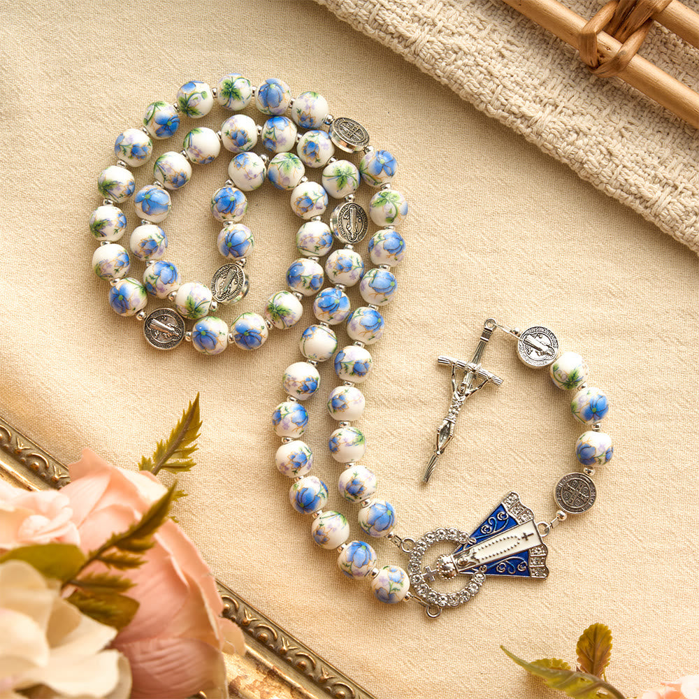 Christianartworkshop Blue & White Floral Ceramic Rosary with St. Benedict Medals & Our Lady - image 11