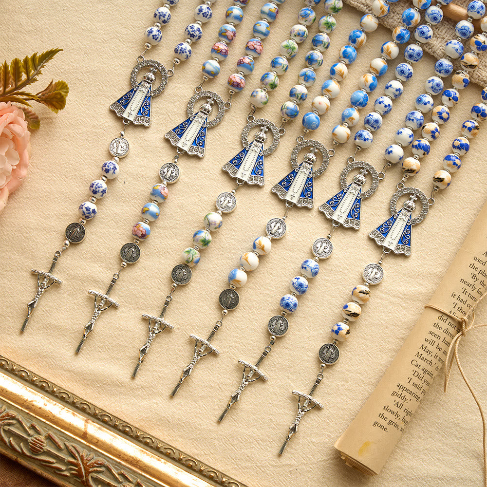 Christianartworkshop Blue & White Floral Ceramic Rosary with St. Benedict Medals & Our Lady - image 2
