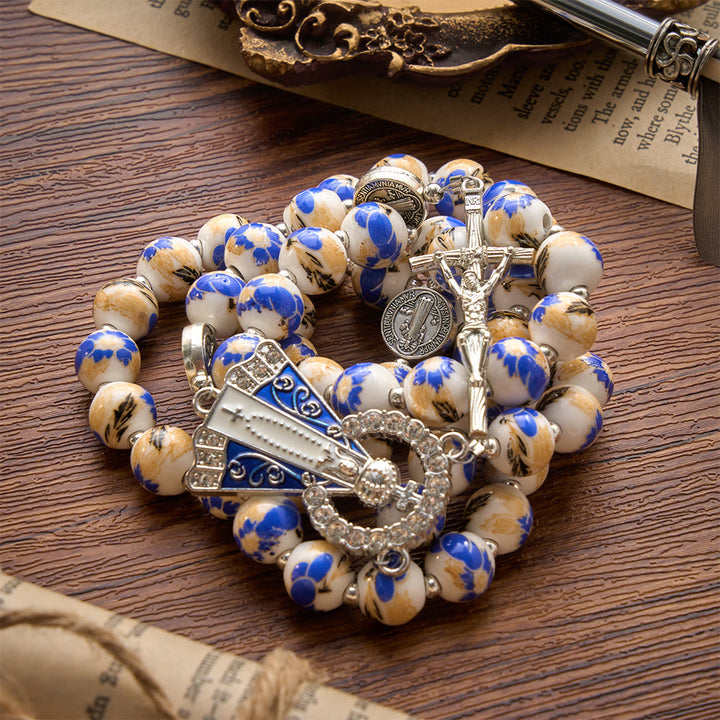 Christianartworkshop Blue & White Floral Ceramic Rosary with St. Benedict Medals & Our Lady - image 30