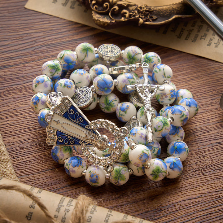 Christianartworkshop Blue & White Floral Ceramic Rosary with St. Benedict Medals & Our Lady - image 13