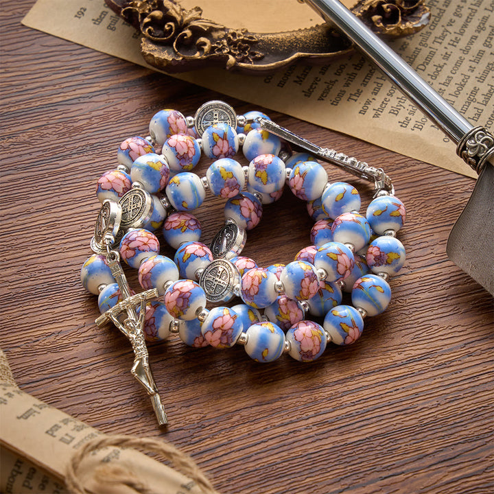 Christianartworkshop Blue & White Floral Ceramic Rosary with St. Benedict Medals & Our Lady - image 25