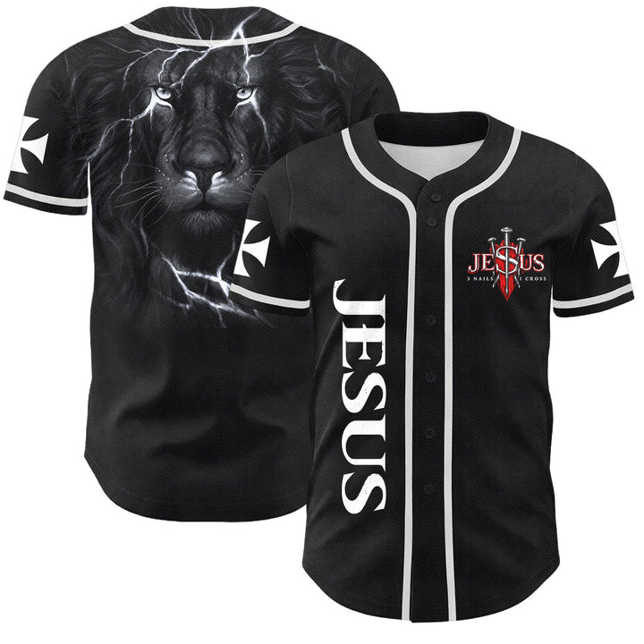 Christianartworkshop Front Vertical Jesus Nail Cross Emblem Back Lightning Lion Of Judah Portrait Button-Up Baseball Jersey - White - 5XL - image 7
