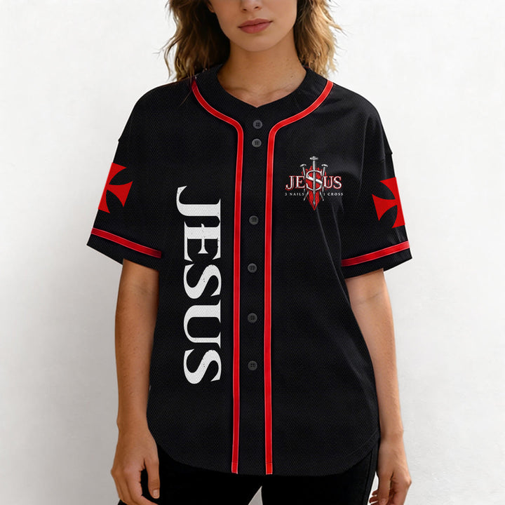 Christianartworkshop Front Vertical Jesus Nail Cross Emblem Back Lightning Lion Of Judah Portrait Button-Up Baseball Jersey - image 5
