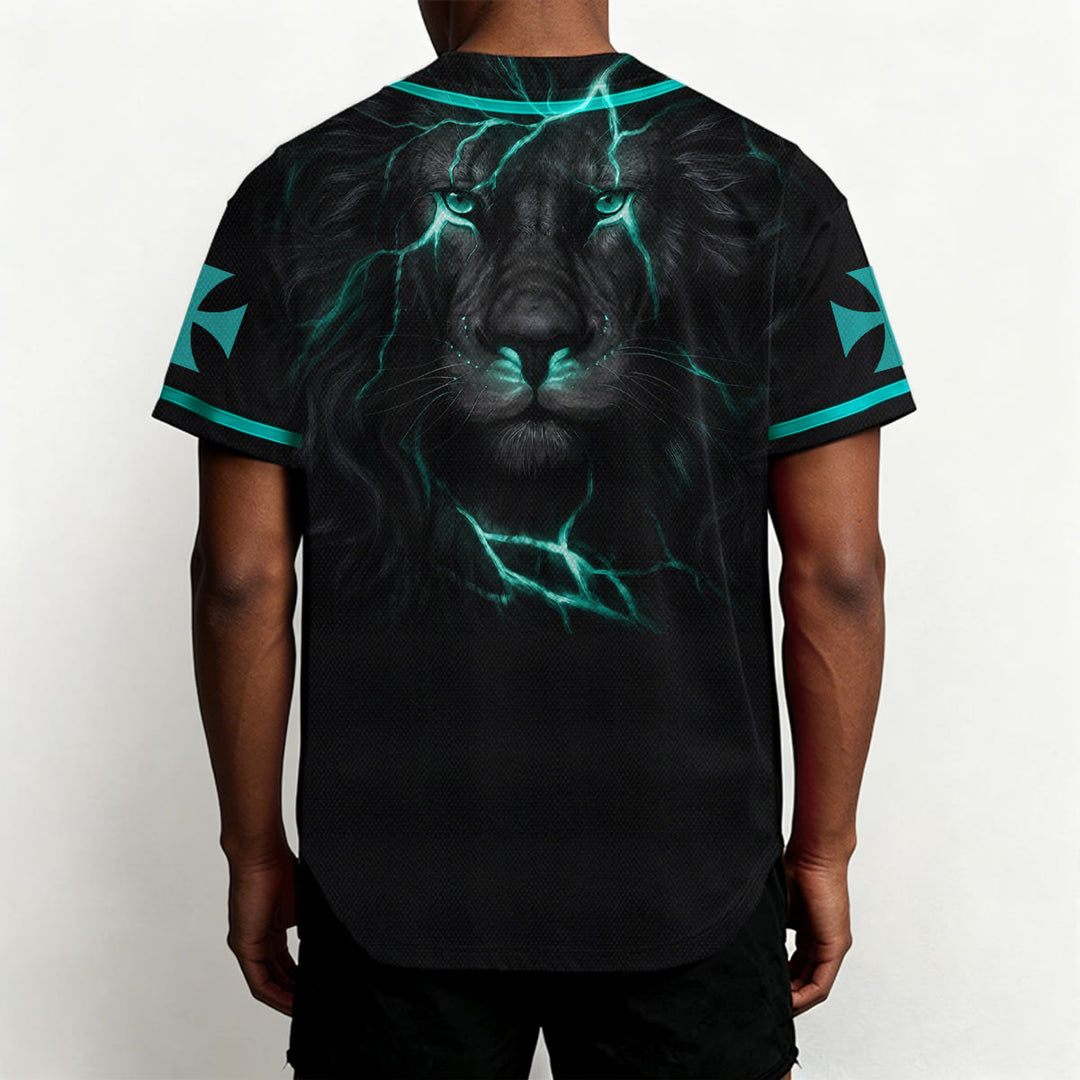 Christianartworkshop Front Vertical Jesus Nail Cross Emblem Back Lightning Lion Of Judah Portrait Button-Up Baseball Jersey - image 25