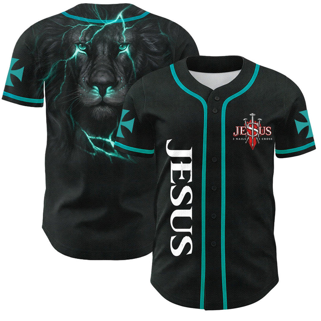 Christianartworkshop Front Vertical Jesus Nail Cross Emblem Back Lightning Lion Of Judah Portrait Button-Up Baseball Jersey - Lake Blue - 5XL - image 21