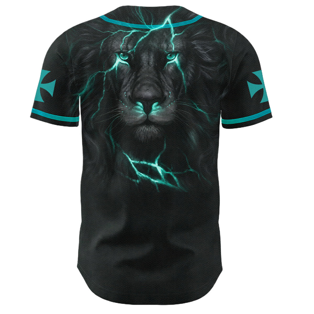 Christianartworkshop Front Vertical Jesus Nail Cross Emblem Back Lightning Lion Of Judah Portrait Button-Up Baseball Jersey - image 23
