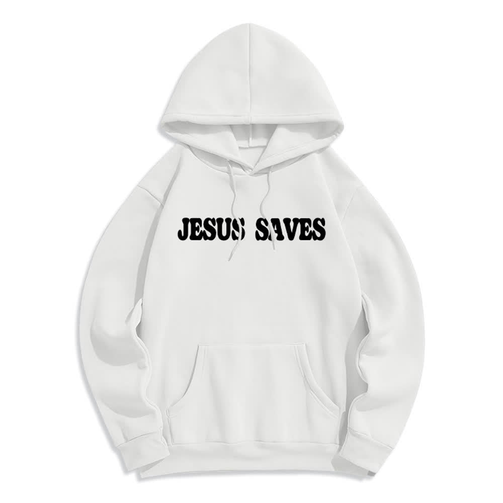 Christianartworkshop Jesus Saves White Pullover Streetwear Fleece Lined Polyester Hoodie - image 2