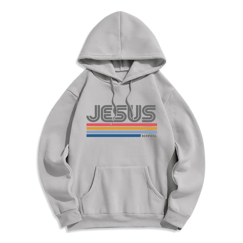 Christianartworkshop Jesus King Retro Stripe Pullover Fleece Lined Polyester Hoodie - Grey - 2XL - image 0