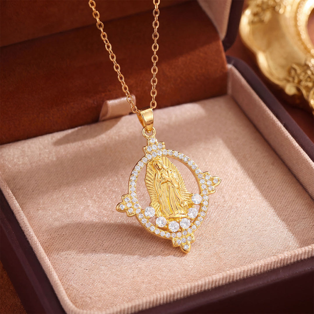 Christianartworkshop Crystal Halo Holy Maiden Medallion Necklace: Emblem of Gentle Heavenly Protectione - Golden - Oval - image 6