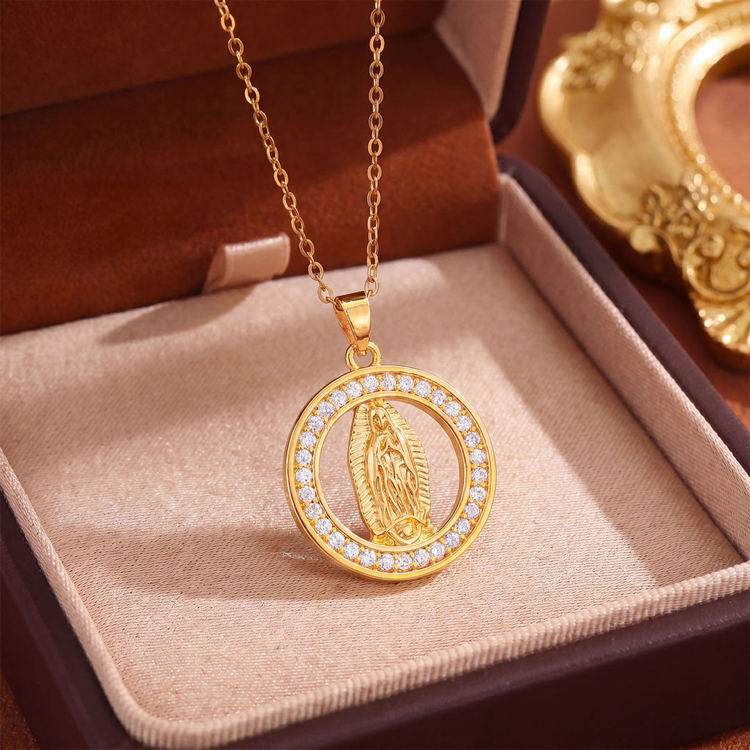 Christianartworkshop Crystal Halo Holy Maiden Medallion Necklace: Emblem of Gentle Heavenly Protectione - Golden - Openwork Round - image 10