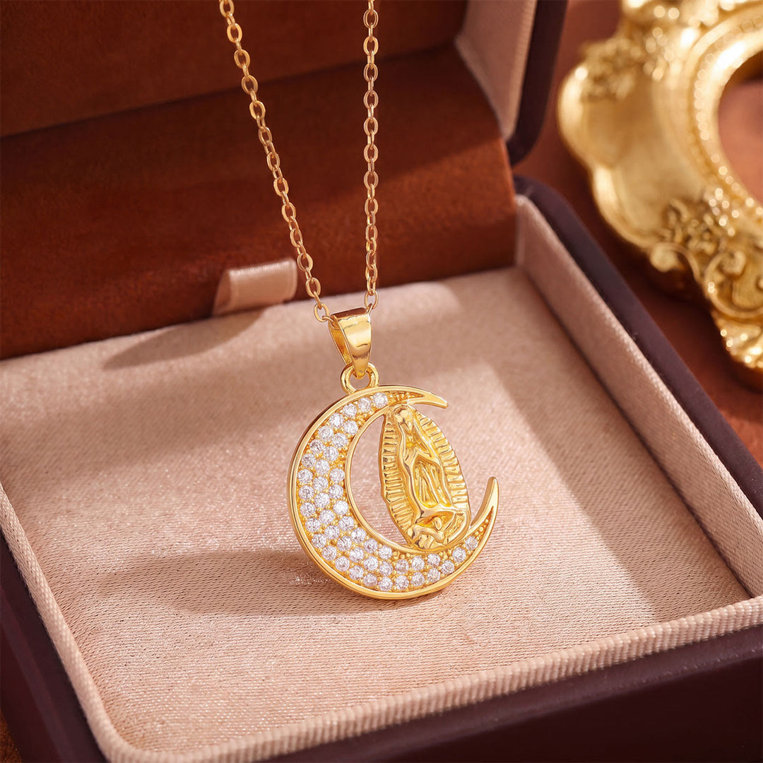 Christianartworkshop Crystal Halo Holy Maiden Medallion Necklace: Emblem of Gentle Heavenly Protectione - Golden - Moon - image 12