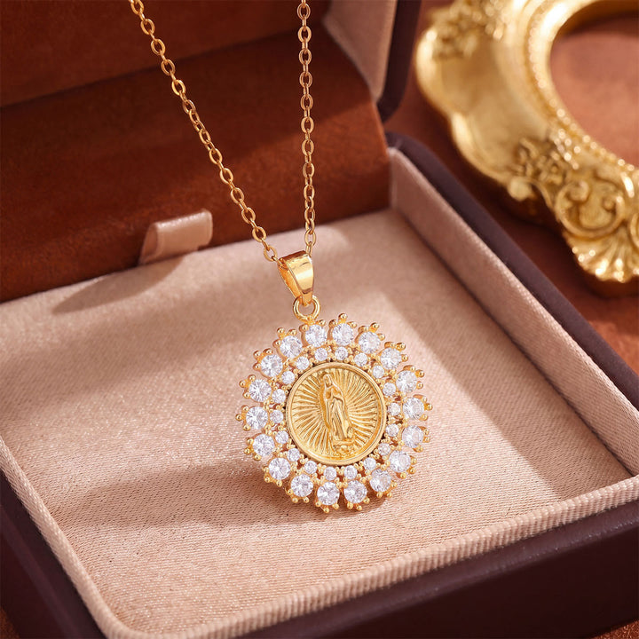 Christianartworkshop Crystal Halo Holy Maiden Medallion Necklace: Emblem of Gentle Heavenly Protectione - Golden - Sunflower Solid Round - image 21