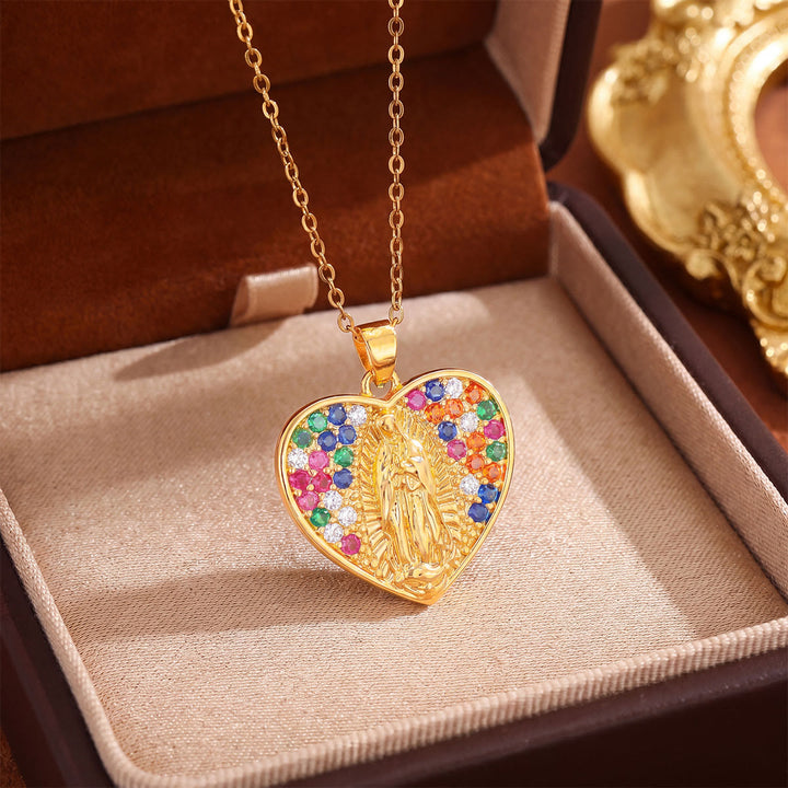 Christianartworkshop Crystal Halo Holy Maiden Medallion Necklace: Emblem of Gentle Heavenly Protectione - Golden - Colorful Heart - image 16
