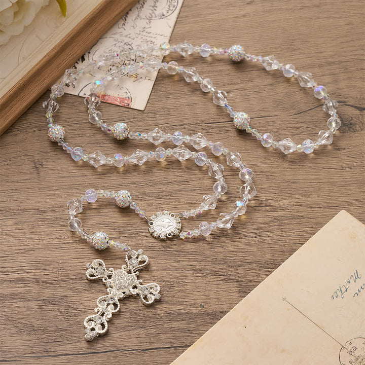 Christianartworkshop Clear Faceted Glass St.Benedict Rosary With Rhinestone Ornate Crucifix: Emblem of Radiant Heavenly Purity - Transparent Glass Beads Rosary - image 0
