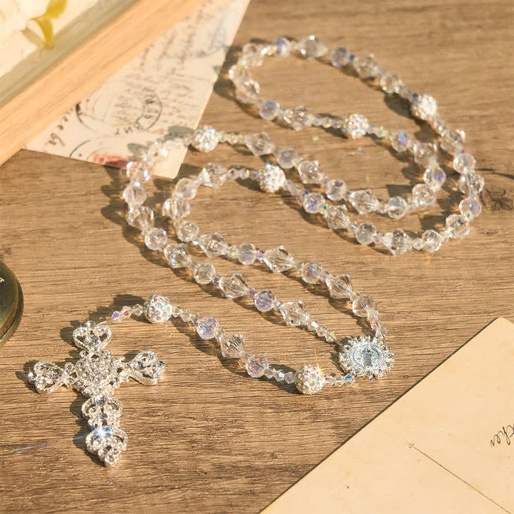 Christianartworkshop Clear Faceted Glass St.Benedict Rosary With Rhinestone Ornate Crucifix: Emblem of Radiant Heavenly Purity - image 3