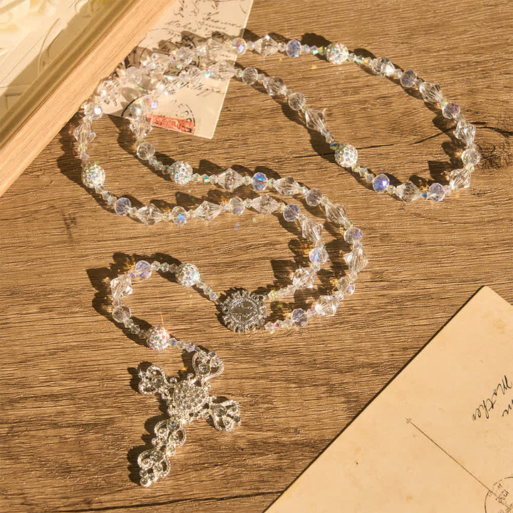 Christianartworkshop Clear Faceted Glass St.Benedict Rosary With Rhinestone Ornate Crucifix: Emblem of Radiant Heavenly Purity - image 1