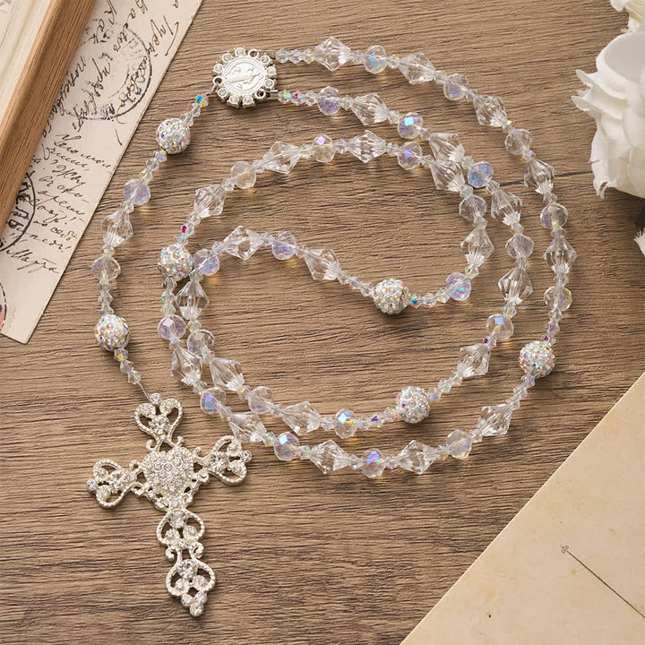 Christianartworkshop Clear Faceted Glass St.Benedict Rosary With Rhinestone Ornate Crucifix: Emblem of Radiant Heavenly Purity - image 2