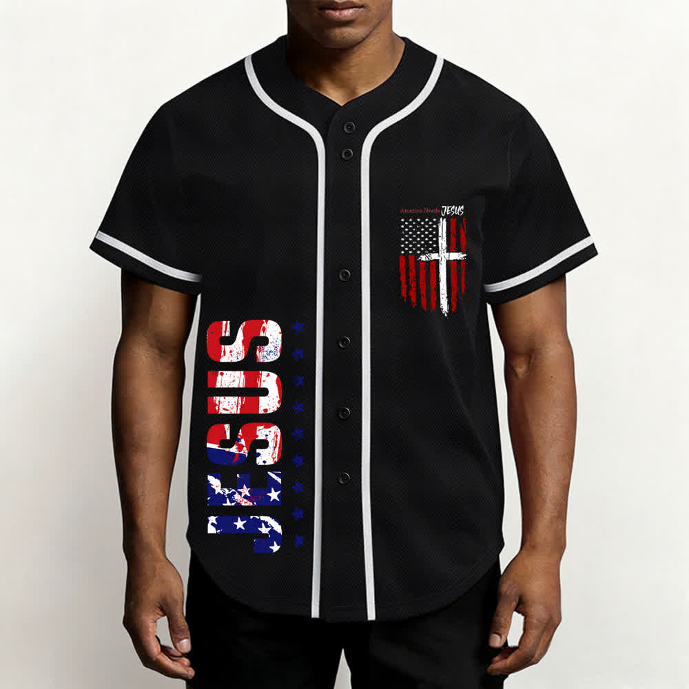 Christianartworkshop America Needs Jesus Distressed Flag Button Up Baseball Jersey - image 13
