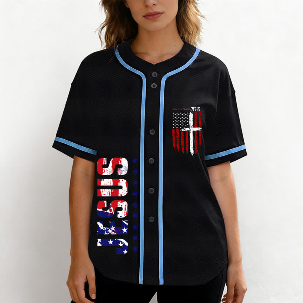 Christianartworkshop America Needs Jesus Distressed Flag Button Up Baseball Jersey - image 32