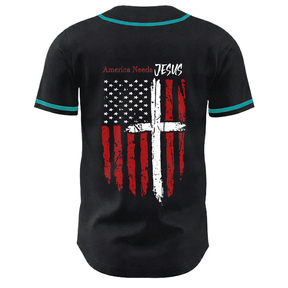 Christianartworkshop America Needs Jesus Distressed Flag Button Up Baseball Jersey - image 43