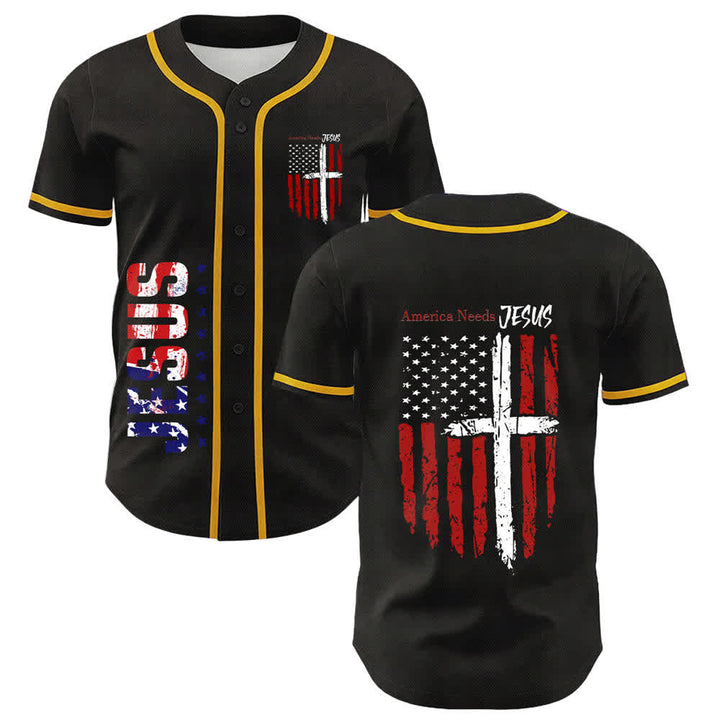 Christianartworkshop America Needs Jesus Distressed Flag Button Up Baseball Jersey - Yellow - 5XL - image 0
