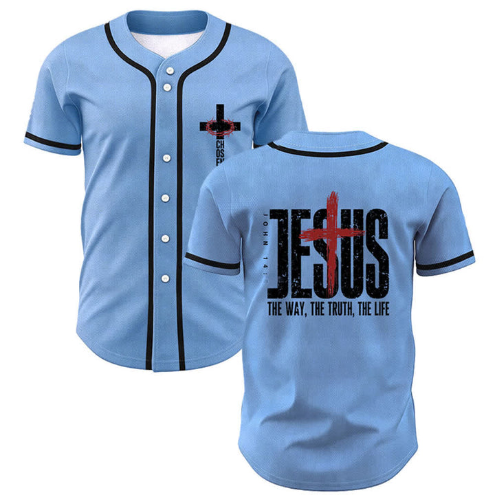Christianartworkshop Jesus Cross Mesh Button Up Baseball Jersey - Blue - 5XL - image 49