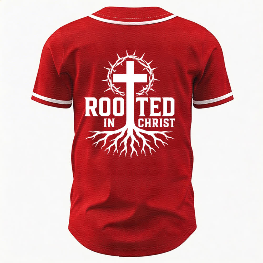 Christianartworkshop Rooted In Christ Black Button Up Baseball Jersey - image 36
