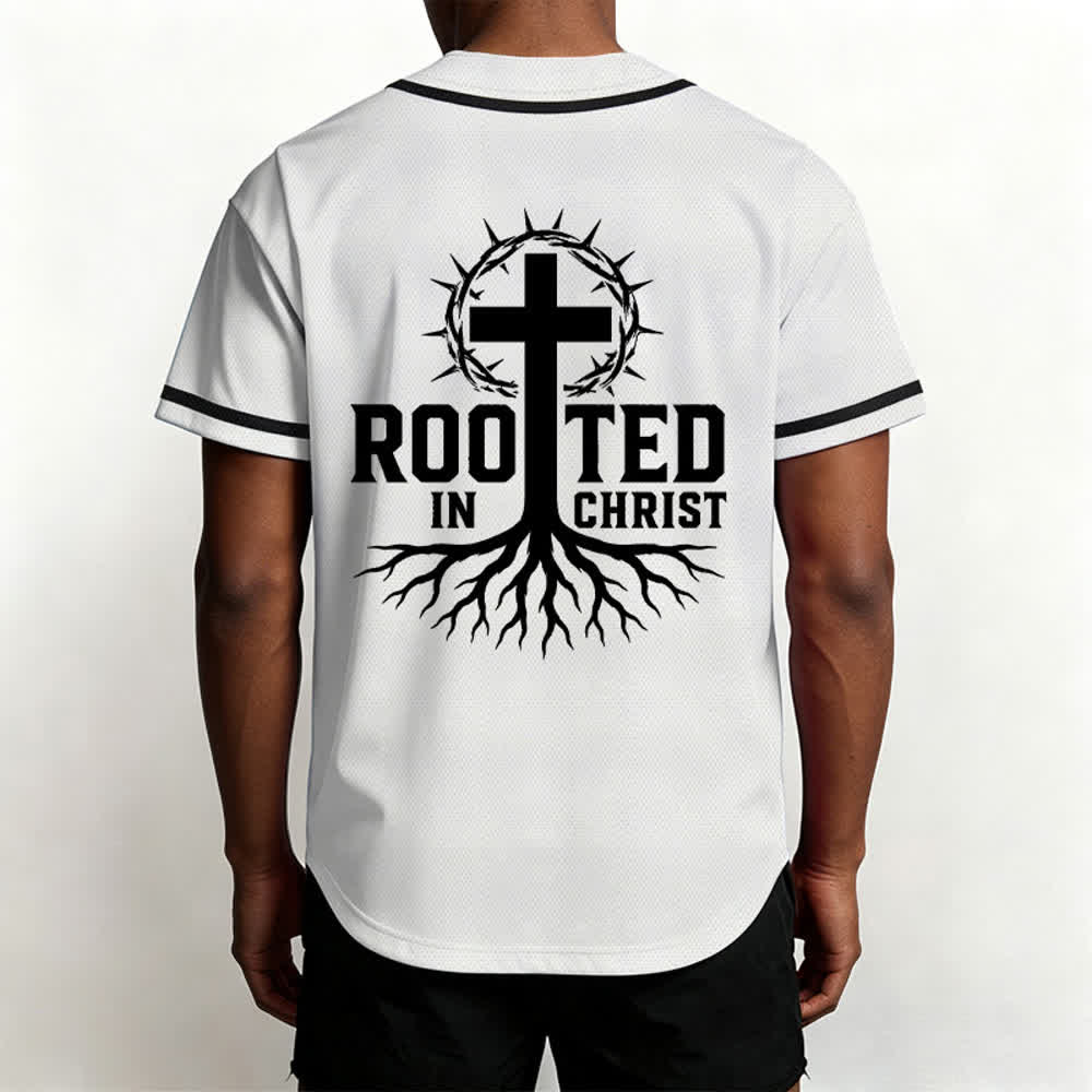 Christianartworkshop Rooted In Christ Black Button Up Baseball Jersey - image 26