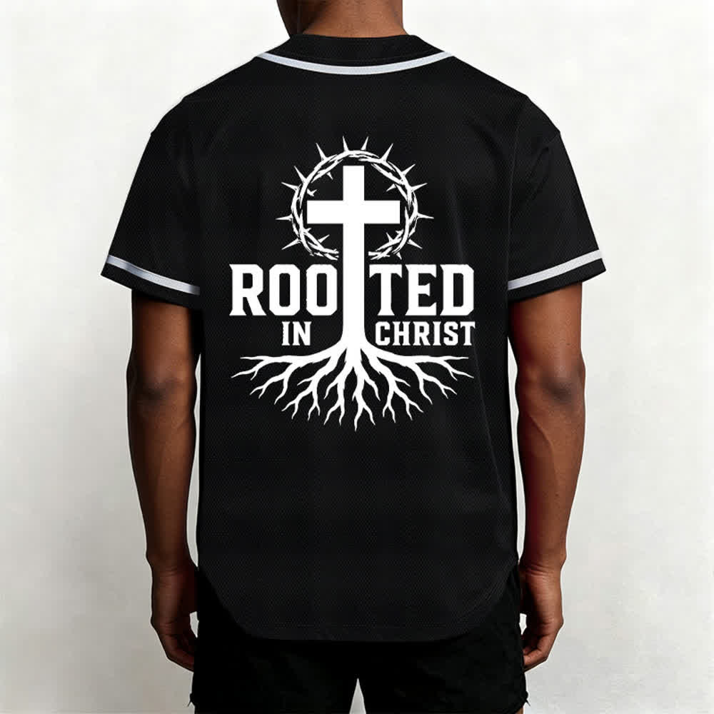 Christianartworkshop Rooted In Christ Black Button Up Baseball Jersey - image 5