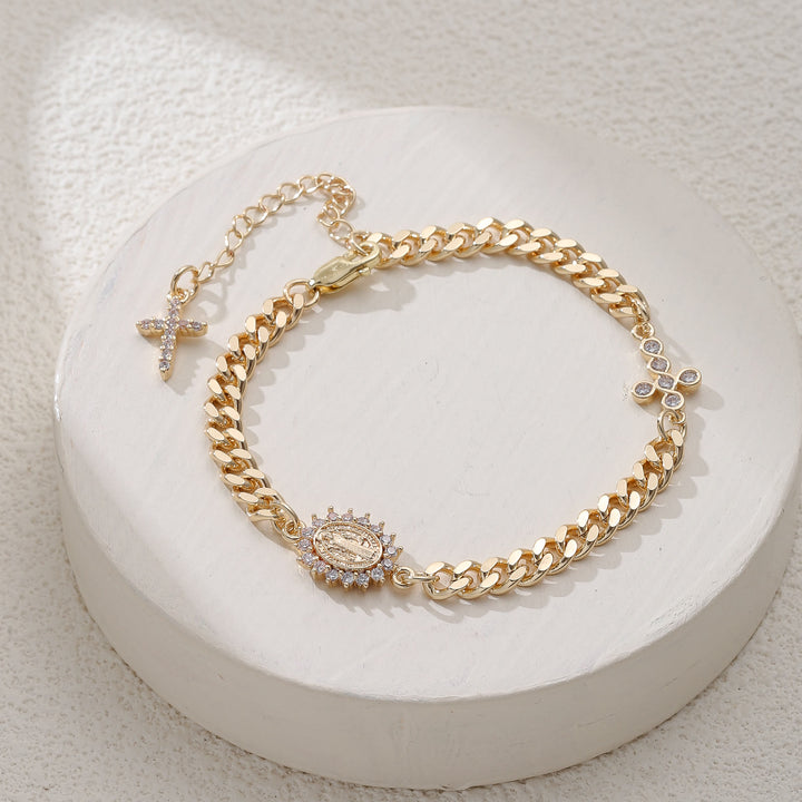 Christianartworkshop Dainty Cross Accent Portrait Cuban Bracelet: Meaningful Sacred Wrist Accessory - Oval Sunburst - image 4