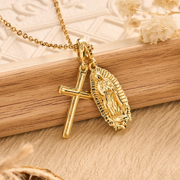 Christianartworkshop Sculpted Sacred Figure Pendant Chain Necklace: Icon of Peaceful Inner Meditation - Golden - Cross&Our Lady - image 3