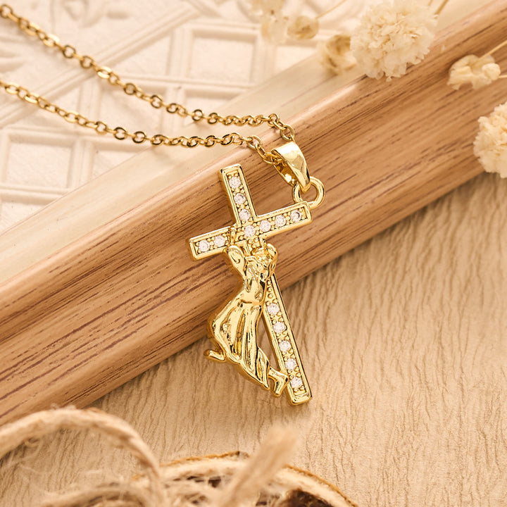 Christianartworkshop Sculpted Sacred Figure Pendant Chain Necklace: Icon of Peaceful Inner Meditation - Golden - Cross - image 0