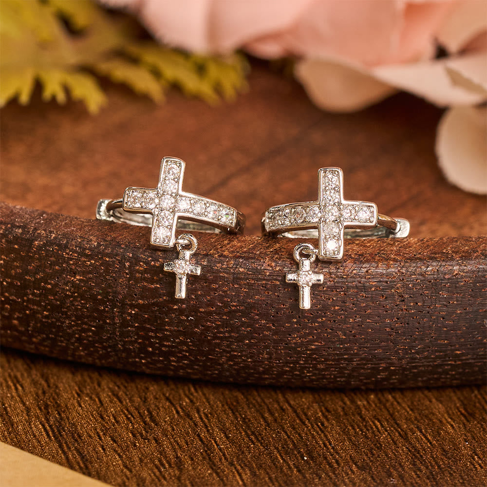 Christianartworkshop Double Cross Paved Crystal Hoop Earrings: Emblem of Gentle Heavenly Blessings - Silver - image 7