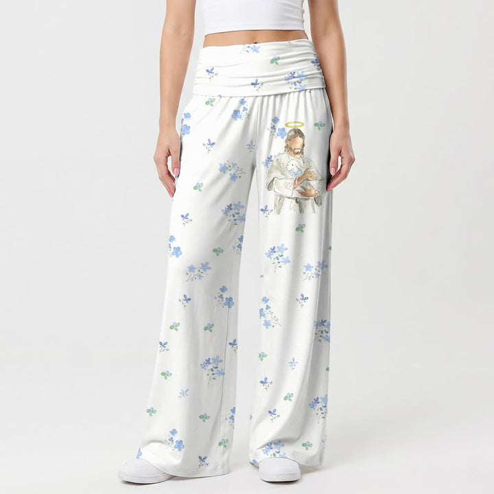 Christianartworkshop Blue Floral Sacred Art Women's Wide Leg Pants - image 1