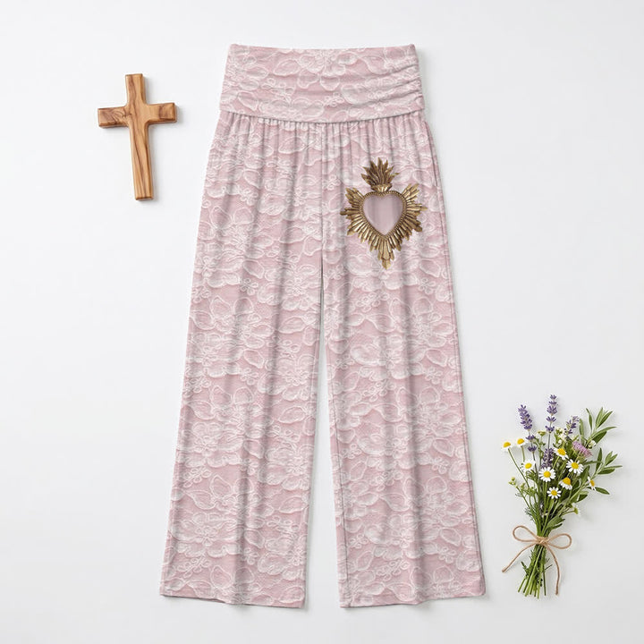 Christianartworkshop Blush Lace Print Sacred Heart Women's Wide Leg Pants - US22,UK/AU26,EU54 - image 0