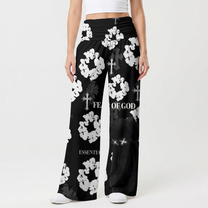 Christianartworkshop Monochrome Cross And Floral Graphic Women's Wide Leg Pants - image 1