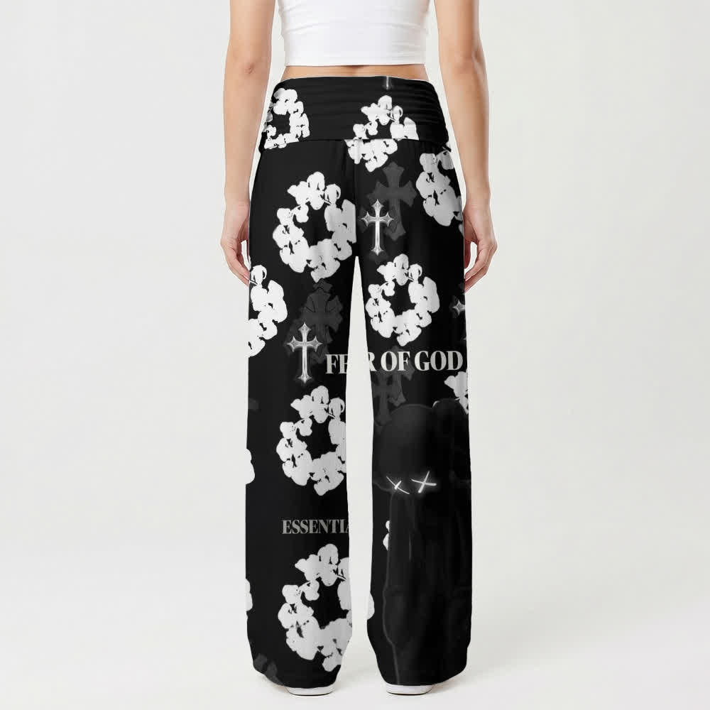 Christianartworkshop Monochrome Cross And Floral Graphic Women's Wide Leg Pants - image 2