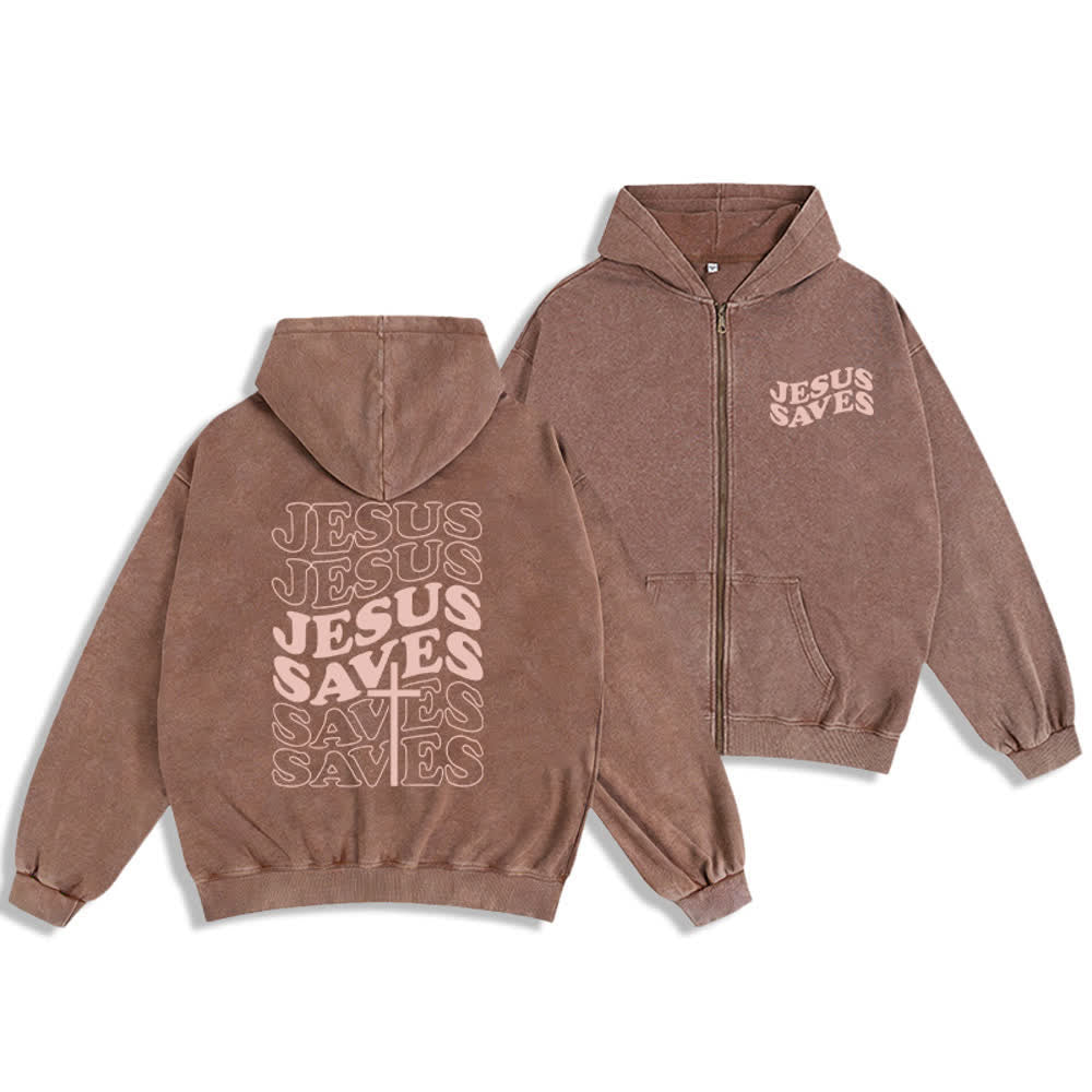 Christianartworkshop Jesus Saves Washed Street Zip-Up Hooded Jacket - Brown - 2XL - image 6