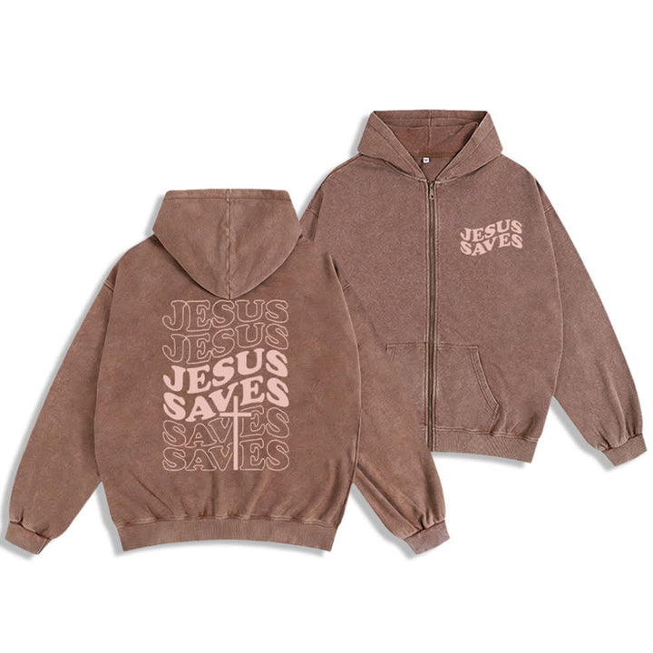 Christianartworkshop Jesus Saves Washed Street Zip-Up Hooded Jacket - Brown - 2XL - image 6