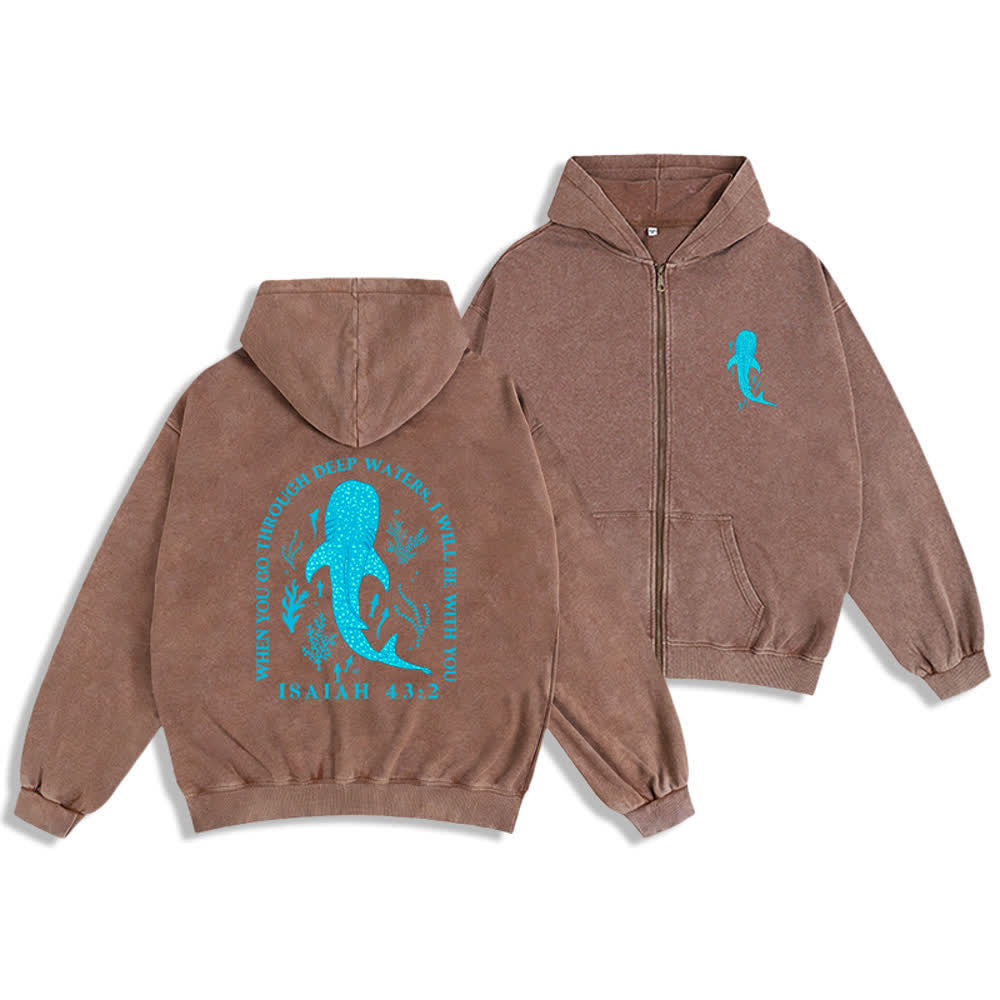 Christianartworkshop Washed Black Isaiah 43:2 Whale Shark Zip-Up Hooded Jacket - Brown - 2XL - image 6