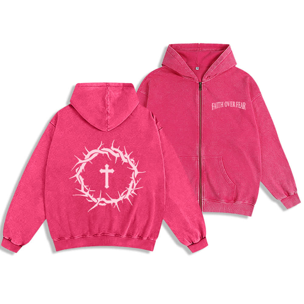 Christianartworkshop Faith Over Fear Vintage Rose Zip-Up Hooded Jacket - Pink - 2XL - image 0