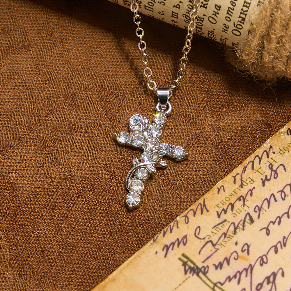 Christianartworkshop Crystal Rose Vine Cross Pendant Necklace: Token of Gentle Heavenly Mercy - Silver - image 6