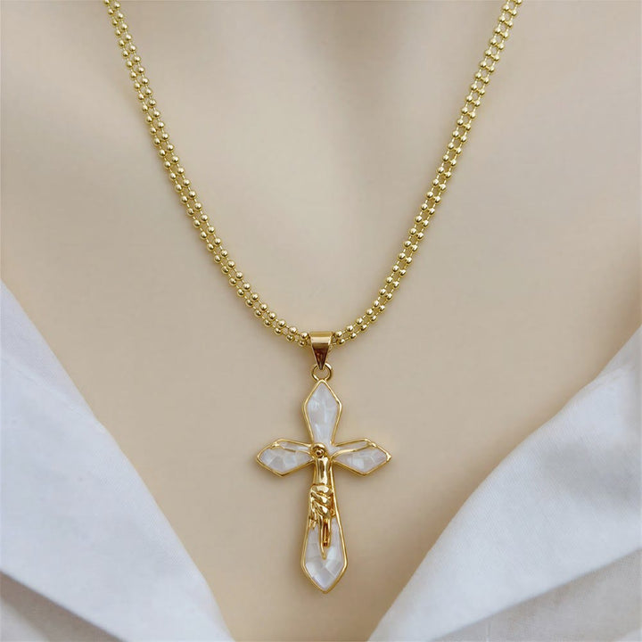 Christianartworkshop Pastel Shell Inlay Curved Cross Chain: Symbol of Constant Divine Shelter - White - image 3