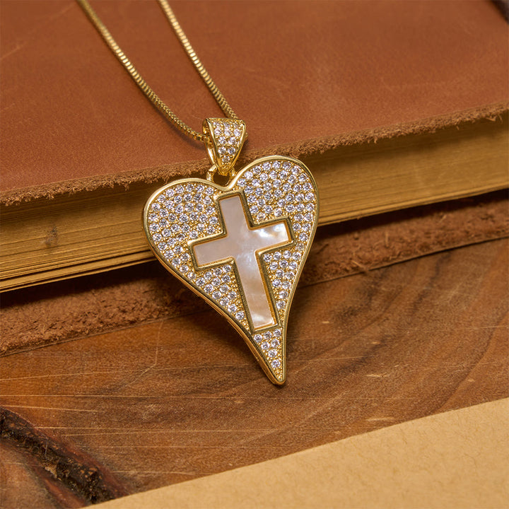 Christianartworkshop Pave Zircon Heart Necklace With Mother-of-Pearl Cross: Emblem of Sincere Heavenly Devotion - Cross - image 0