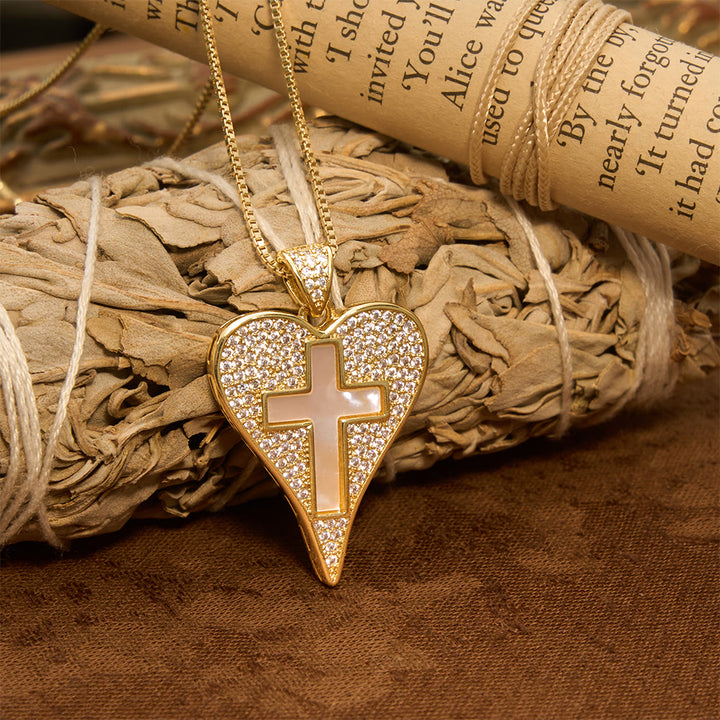 Christianartworkshop Pave Zircon Heart Necklace With Mother-of-Pearl Cross: Emblem of Sincere Heavenly Devotion - image 3